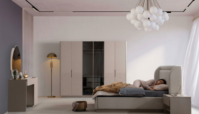 Designer Beige Schlofzëmmer Set Bett 2x Nuetsschief Kleederschaf 5tlg
