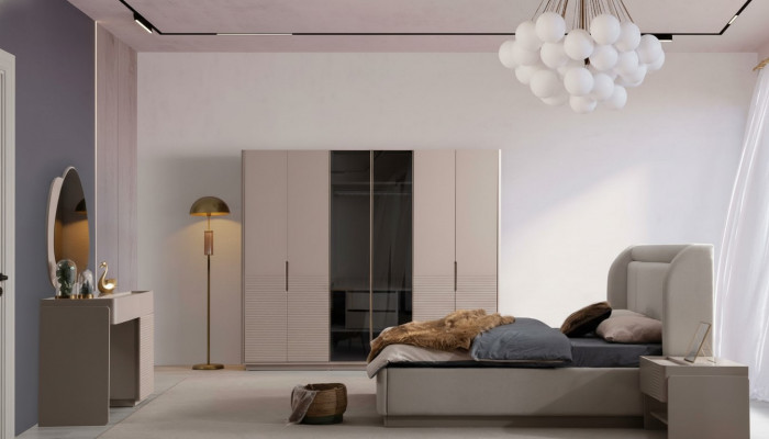 Designer Beige Schlofzëmmer Set Bett 2x Nuetsschief Kleederschaf 5tlg