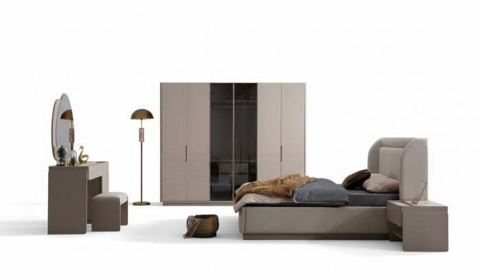Designer Beige Schlofzëmmer Set Bett 2x Nuetsschief Kleederschaf 5tlg
