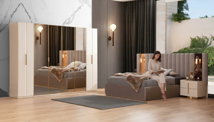 Beige Schlofzëmmer Set Designer Bett Kleederschaf 2x Nuetsdëscher