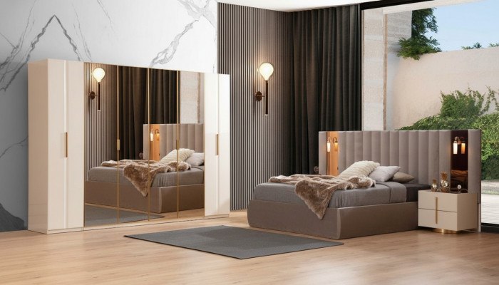 Beige Schlofzëmmer Set Designer Bett Kleederschaf 2x Nuetsdëscher