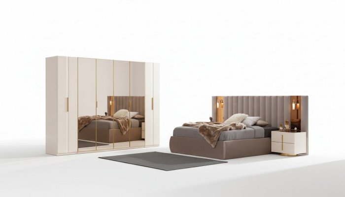 Beige Schlofzëmmer Set Designer Bett Kleederschaf 2x Nuetsdëscher