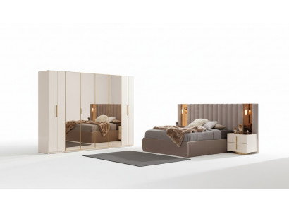 Beige Schlofzëmmer Set Designer Bett Kleederschaf 2x Nuetsdëscher