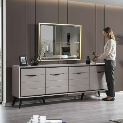 Wäiss 4-Dieren Iesszëmmer Kommode Designer Anrichte Luxus Glas Spigel