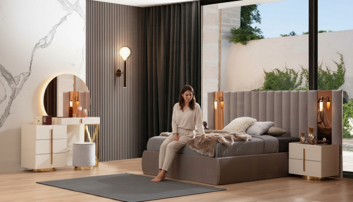 Stilvollen Schlofzëmmer Set Designer Schminktisch Holz 2x Nuetsdëscher