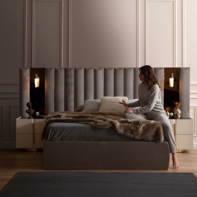 Brongen Schlofzëmmer Set Designer Duebelbett Wäiss 2x Nuetsdëscher 3tlg