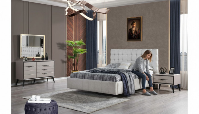 Wäiss Exklusiv Schlofzëmmer Duebelbett Designer Nuetsdëscher Komod.