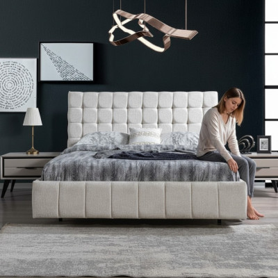 Exklusivt Schlofzëmmer Set Wäisst Duebelbett Luxus 2x Holznuechtstësch.