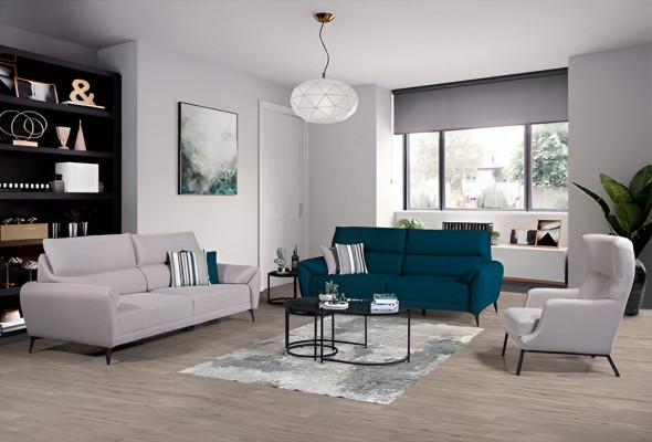 Stylvollt Wunnzëmmer Set aus 2x 3-Sëtzer Canapéen an engem Fauteuil, 3 Deeler Garnitur.