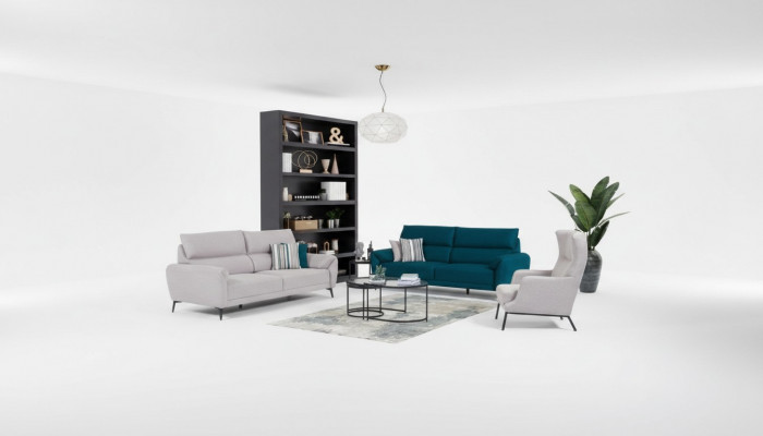 Stylvollt Wunnzëmmer Set aus 2x 3-Sëtzer Canapéen an engem Fauteuil, 3 Deeler Garnitur.