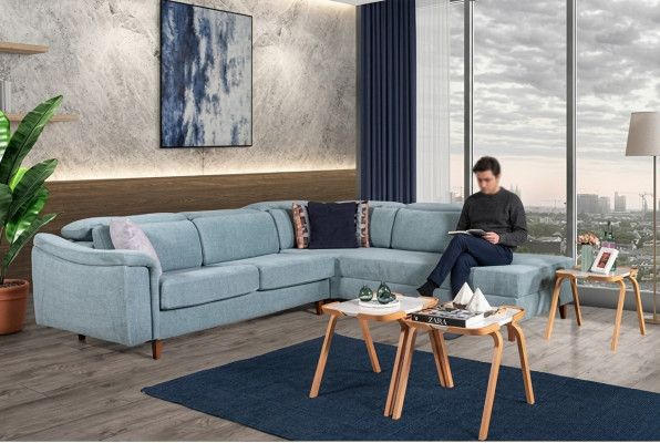 Blo a L-Form Eckcouch fir d’Stot mat Polstermaterialien an engem Designer Holzgestell.