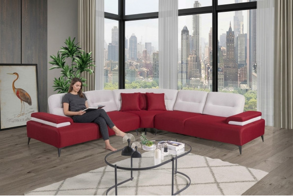 Rout stilvollt Ecksofa L-Form Couch Designer Wunnzëmmer Holz Garnitur