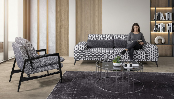 Graue Stoffcouch fir Wunnzëmmer, 3-Sëtzer Luxus Lounge Fotell, 2-Deelerset.