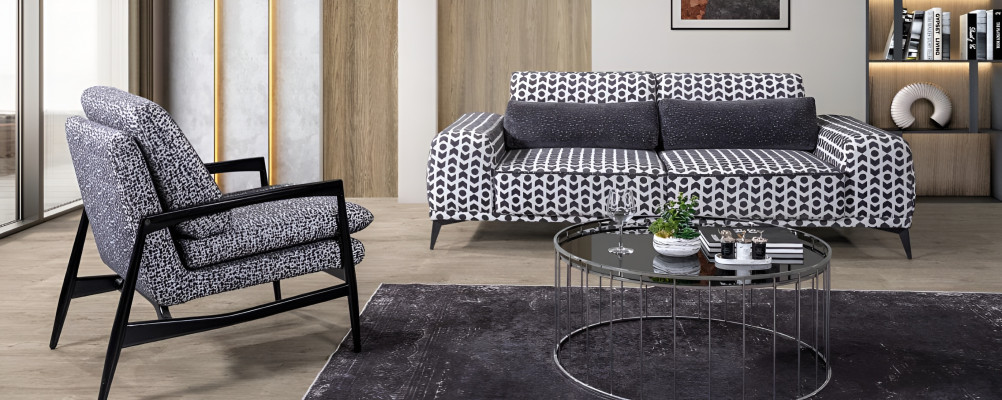 Graue Stoffcouch fir Wunnzëmmer, 3-Sëtzer Luxus Lounge Fotell, 2-Deelerset.
