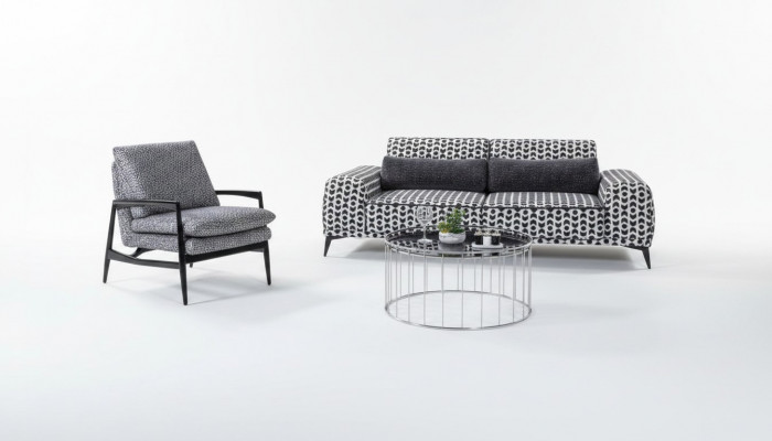 Graue Stoffcouch fir Wunnzëmmer, 3-Sëtzer Luxus Lounge Fotell, 2-Deelerset.