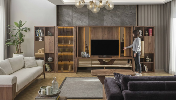 Modern brong Wunnwand, Wunnzëmmer Holz-Mauer, Mux LED-Regaler, Wunnflächewänn.