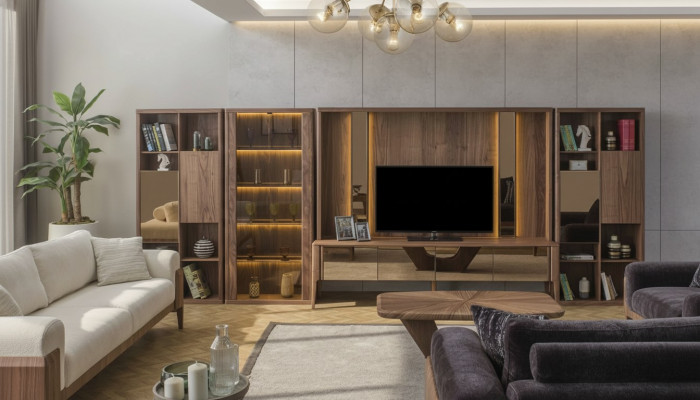 Modern brong Wunnwand, Wunnzëmmer Holz-Mauer, Mux LED-Regaler, Wunnflächewänn.
