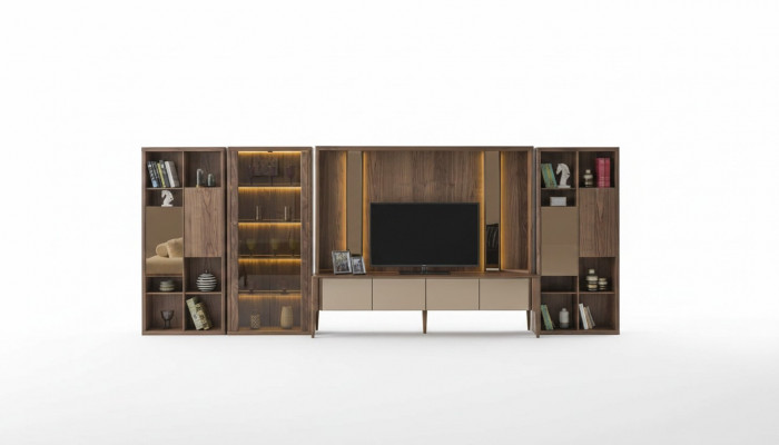 Modern brong Wunnwand, Wunnzëmmer Holz-Mauer, Mux LED-Regaler, Wunnflächewänn.