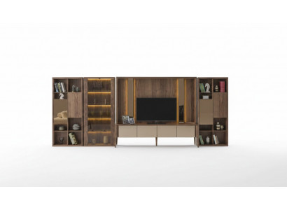 Modern brong Wunnwand, Wunnzëmmer Holz-Mauer, Mux LED-Regaler, Wunnflächewänn.