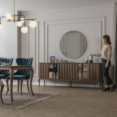 Braune 4-diireg Anrichte Luxuriéise Spigel Iesszëmmer Holz Miwwel 2 Deeler.