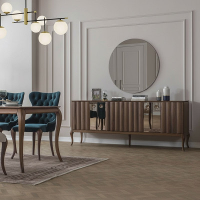 Braune 4-diireg Anrichte Luxuriéise Spigel Iesszëmmer Holz Miwwel 2 Deeler.