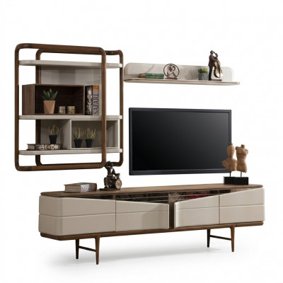 Beige Wunnzëmmer Garnitur RTV-Lowboard 2x Regaler Holz Designer Miwwelen