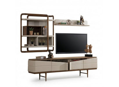 Beige Wunnzëmmer Garnitur RTV-Lowboard 2x Regaler Holz Designer Miwwelen