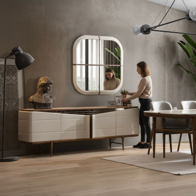 Iesszëmmer Set Beige Sideboard Rechteckegen Spigel Luxus Holz Miwwelen