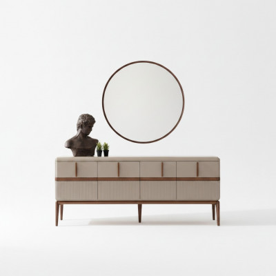 Beige Iesszëmmer Miwwelen Luxus Holz Kredenz 4-dieren Glas Spigel 2 Stéck Set