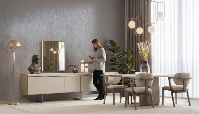 Béige Iesszëmmer-Garnitur Designer Iessdësch Gepolstert Still Luxus Anrichte