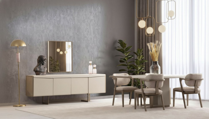 Béige Iesszëmmer-Garnitur Designer Iessdësch Gepolstert Still Luxus Anrichte