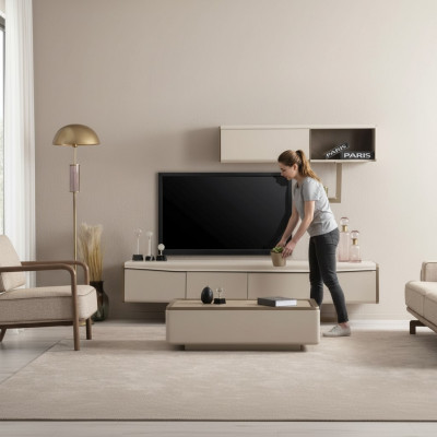 Beige Lowboard Holz Regal Designer RTV-Schränk Wohnzimmer Luxusmiwwel