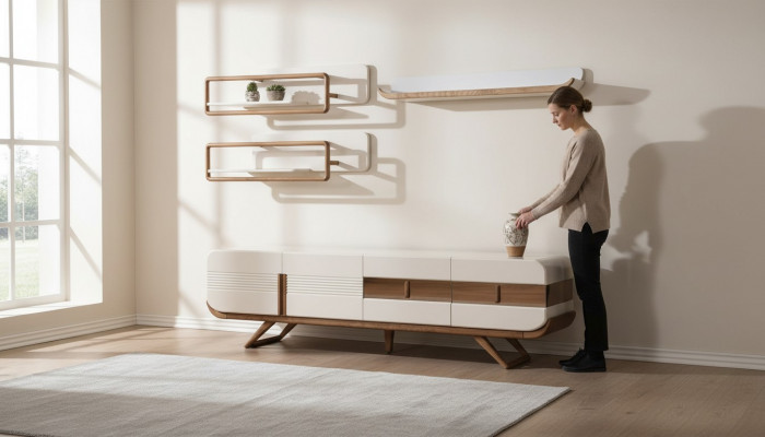 Wäiss Wunnzëmmer Wunnwand Designer Lowboard 2x Regaler Holz Miwwelen 4 Deeler