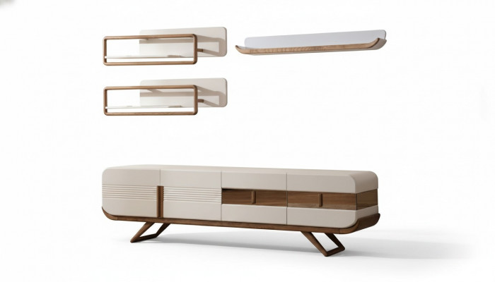 Wäiss Wunnzëmmer Wunnwand Designer Lowboard 2x Regaler Holz Miwwelen 4 Deeler