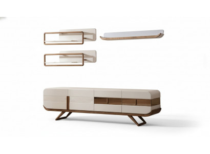 Wäiss Wunnzëmmer Wunnwand Designer Lowboard 2x Regaler Holz Miwwelen 4 Deeler