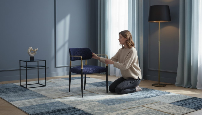 Moderne blo Stull Edelstolskonstruktioun Textil Eensëtzer Iesszëmmer Miwwelen