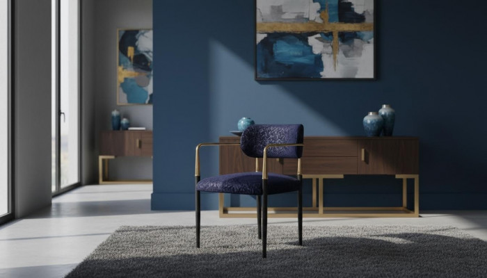 Moderne blo Stull Edelstolskonstruktioun Textil Eensëtzer Iesszëmmer Miwwelen