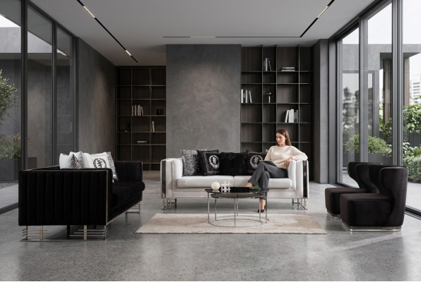 Schwaarz-Wäiss Sofae Luxus Wunnzëmmer Garnitur Dreisëtzer Fauteuil 4-teiligt Set