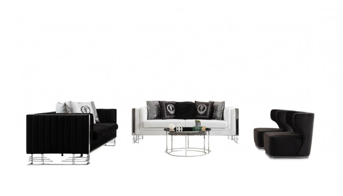 Schwaarz-Wäiss Sofae Luxus Wunnzëmmer Garnitur Dreisëtzer Fauteuil 4-teiligt Set