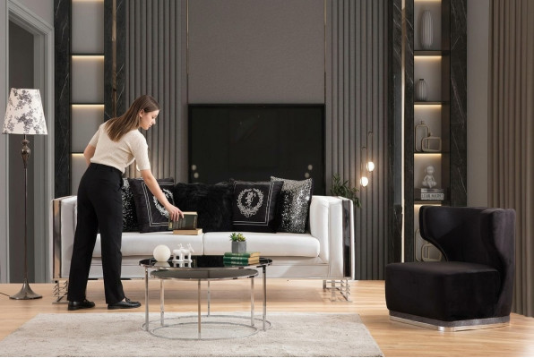 Wäiss-Schwaarz Couch Set Living Zëmmer Sofa Dräisiichter Polstersëtz Fautteuil