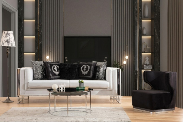 Wäiss-Schwaarz Couch Set Living Zëmmer Sofa Dräisiichter Polstersëtz Fautteuil