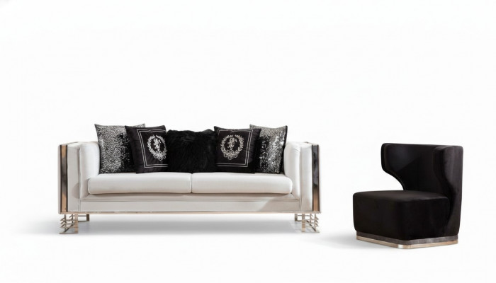 Wäiss-Schwaarz Couch Set Living Zëmmer Sofa Dräisiichter Polstersëtz Fautteuil