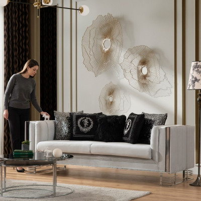 Wäisst Modern Textil Sofa Wunnzëmmer 3-Sëtzer Luxus Polster Couche