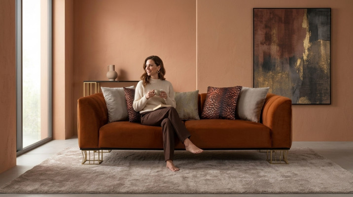 Wunnzëmmer Sitzmöbel Orange 3-Sëtzer Luxuriéis Sofa Metallféiss