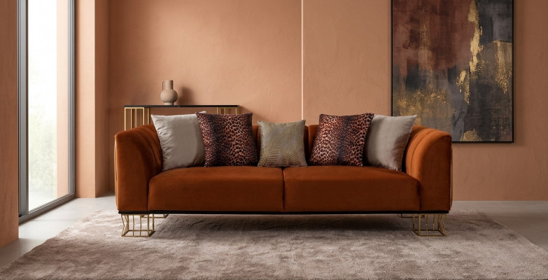 Wunnzëmmer Sitzmöbel Orange 3-Sëtzer Luxuriéis Sofa Metallféiss