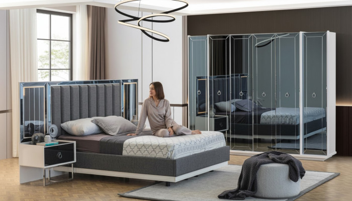 Designer Schlofzëmmer-Garnitur Duebelbetter Nuetsdësch Kleederschaf