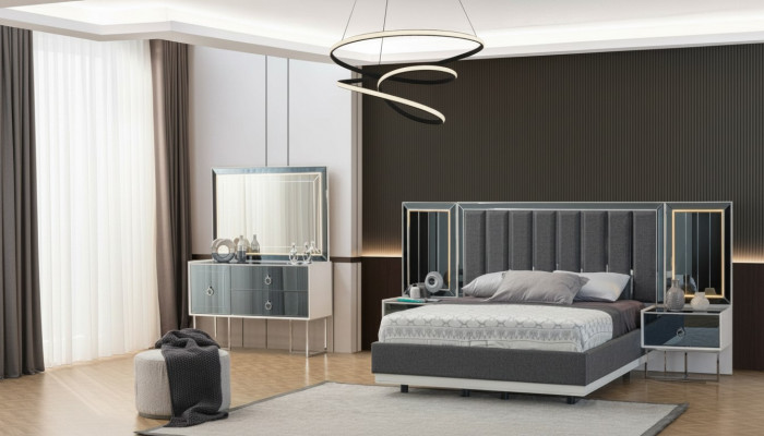 Modern grau-wäiss Schlofkummer Miwwel Holz Nuetstiesch Duebelbett 5-delig