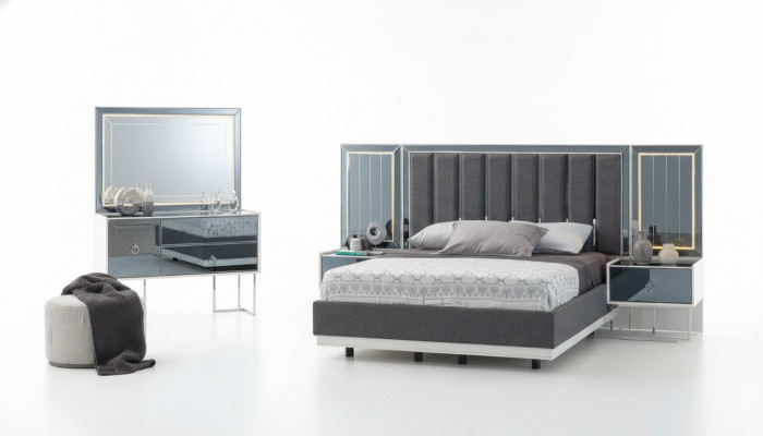 Modern grau-wäiss Schlofkummer Miwwel Holz Nuetstiesch Duebelbett 5-delig