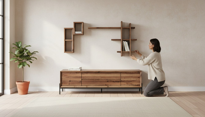 Brongt modern 3-dierende Sideboard mat Regaler Wunnzëmmer Holz Miwwelen