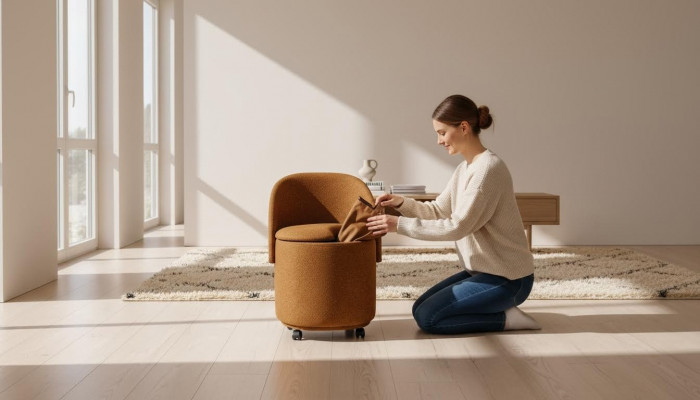 Designer Orange Polsterstull Pouf-Stull Mat Stauraum Iesszëmmer Miwwelen